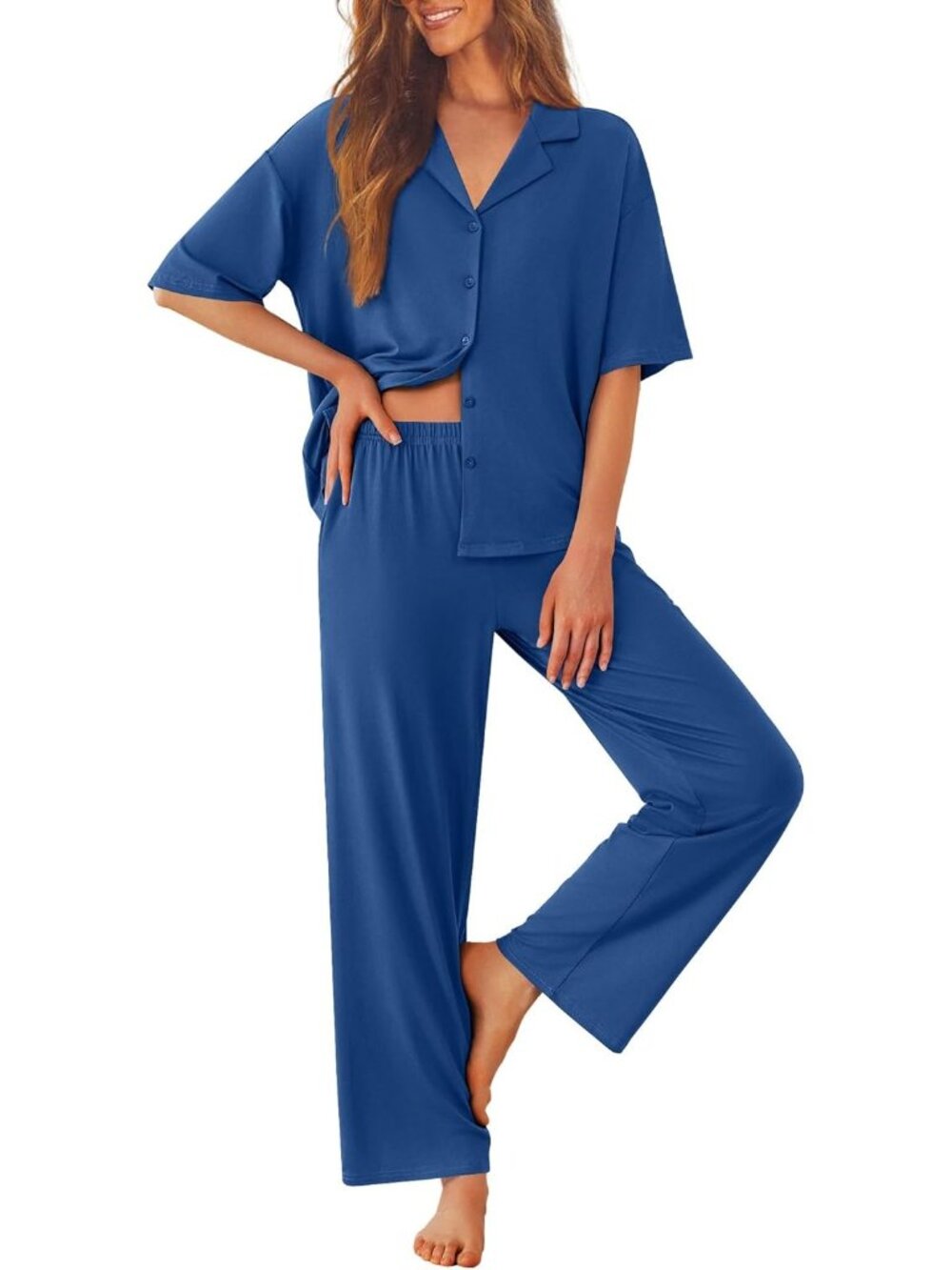 Women Navy Blue Notch Lapel Short Sleeve Shirt Sleepwear with Long Pajamas Set